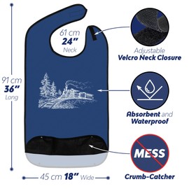 Adult Bibs for Eating: Reusable Bib with Crumb Catcher Pocket - For Men and Women (3 Pack Trains Planes and Automobiles)