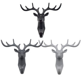 Maydahui 3 PCS Deer Head Wall Hook Antler Hanger Animal Shaped Key Coat Hat Hooks Plastic Home Decoration Black White Grey Heavy Duty for Living Room Bedroom Bathroom