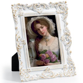 4x6 Vintage Picture Frame, Ornate Textured Hand-Crafted Resin Antique Photo Frame with HD-Tempered Glass Tabletop & Wall Display, Decorative Floral Design Home Décor, Art, Wedding, White & Gold