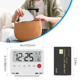 Olipiter Digital Travel Alarm Clock, Black, Foldable Calendar Temperature Timer LCD Desk Clock, Snooze, 9 Alarm Sounds, Backlight, AAA Battery Operated Digital Clock for Home & Office, Travel, White