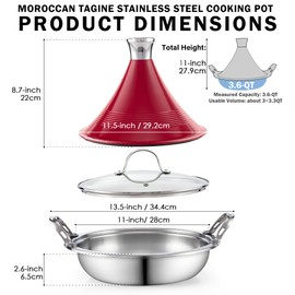 Cooks Standard Moroccan Tagine Pot 3.6 Qt, 11 Inch Multi-Ply Clad Stainless Steel Pan with Dual Handles, Clay Pot Alternative for Slow Cooking, with Conical Die-Cast Aluminum & Glass Lid, Red