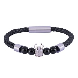 LUCKMAN Pulsera Hombre de Corona con Zirconias y Piedra Obsidiana Negra, Brazalete de Cuero Piel Vegana y Acero Inoxidable, Broche Magnético – Accesorios y Joyería para Hombre, Regalos para Hombre Navidad y Regalos para Papá, Modelo Kurt