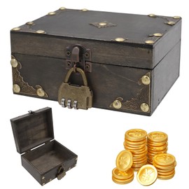 DHINCHANSAIB Wooden Treasure Chest Vintage Wooden Treasure Chest Children with Lock, Wooden Chest Pirate Box for Storage and Decorating Gifts, Small Treasure Chest Wood