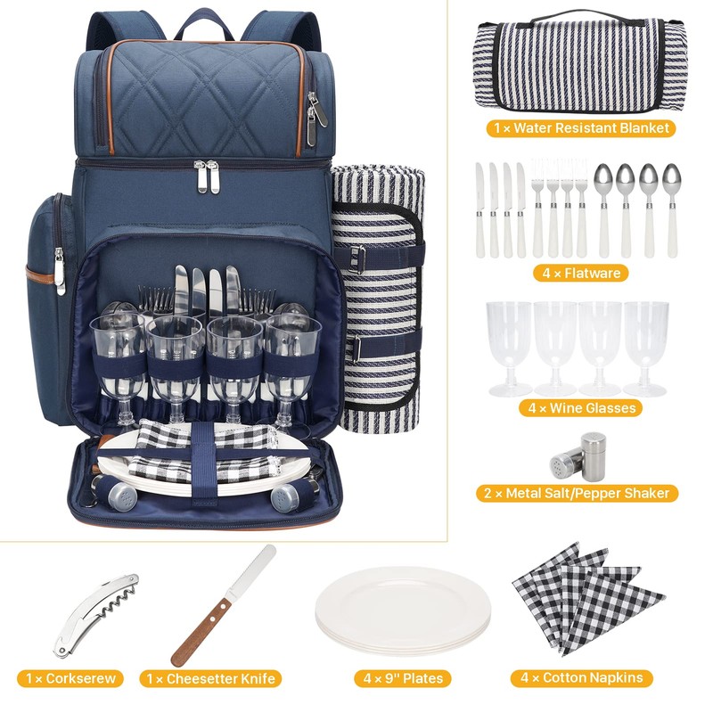 Picnic Backpack for 4,Picnic Basket Set,Leakproof Picnic Bag,Beach Cooler Backpack