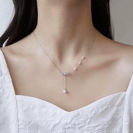 Xmsrn Vintage Crystal Bow Y Lariat Necklace Crystal Pearl Drop Y Necklace Silver CZ Bowknot Choker Necklace Rhinestone Pearl Choker Necklace Jewellery for Women and Girls, Zinc, No Gemstone