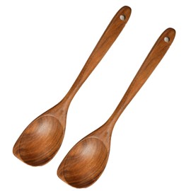 2Pcs Wooden Spoons for Cooking, Wooden Spoons Cooking Utensils Heat Resistant, Natural Premium Teak Wooden Spoon Set, Good Grip Wooden Spatula Non Stick Kitchen Utensil