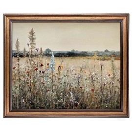 Gold Framed Vintage Wall Art Classical French Landscape Wildflowers Botanical Painting Canvas Print Kitchen Living Room Wall Decor (Champ Fleuri, 10L x 8W)