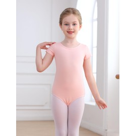 Mecceos Toddler Ballet Leotards Dance Skirt for Girls Double Cross Hollow Back Outfits Gymnastics Kids Dance Dresses, Ballet Pink（short Sleeve）, 6-8 Years