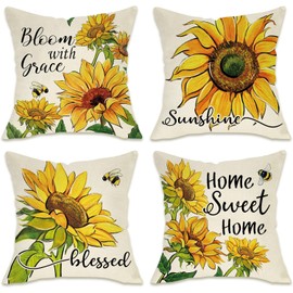 BAOKU Cushion Covers 45x45 cm Pillow Covers Spring Decorative Home Decor for Bed Couch Sofa Bedroom Office Pack of 4 sunflower yellow bee Pattern Linen Pillowcase