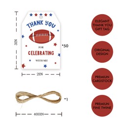 50pcs Football Thank You Tags, Rugby Gift Tag with String for Sport Party, Football Thank You Paper Tags for Ball Themed Birthday/Sport Game Party Favors