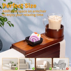 Bamboo Couch Cup Holder-Sofa Table Fits Most Sofas,3-in-1 Tray for Couch for Drink,Phone,Remote and Snacks,Couch Armrest Table with 360° Phone Cup Holder for Couch (Walnut)