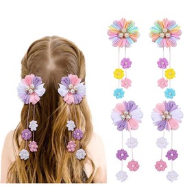 4 Pcs Rainbow Hair Clips Flower Hair Clips with Tassels Ribbon With Alligator Clips Cute Hair Accessories for Girls (color 1)