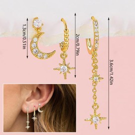 SHUOHONG Set of 3 Earrings for Multiple Pierced Ears, Gold-Plated Stud Earrings Set, Moon and Stars, Small Hoop Earrings with Pendant, Small Cubic Zirconia Ear Jewellery, Star Earrings for Women and