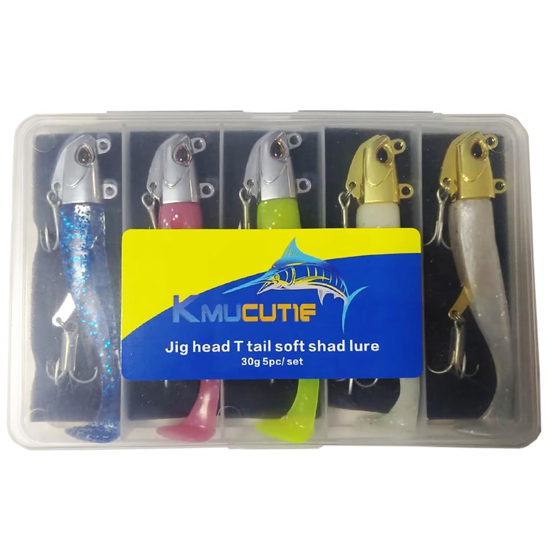 Kmucutie 5 pcs Fishing Metal Head Soft Lures jig Set