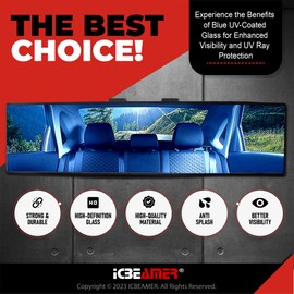 11.8" ICBEAMER Clip On Rear View Mirror | Convex Blue Tint Glass, Panoramic Wide Angle HD Glass, Anti Glare, Universal Fit for Car, SUV, Truck | Eliminates Blind Spots (1 Pack)