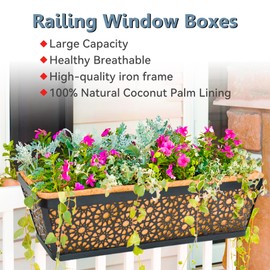 4 Pack 30" Railing Planter Window Box Deck Balcony Rail Planter Black Metal Flower Basket Horse Trough Planter with Coco Fiber Liner for Porch Fence Patio Outdoor