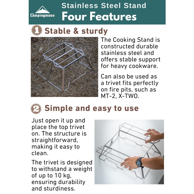 CAMPINGMOON Collapsable Campfire Cooking Stand Trivat Stainless Steel for Open