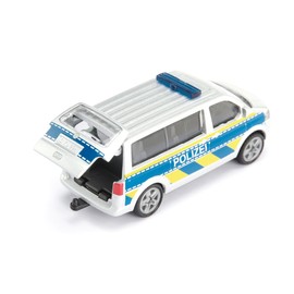 Siku 1553 VW T5 Highway Police Toy Car for Children, Metal/Plastic, Silver, Opening Tailgate, Tow Bar
