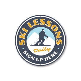 Ski Lessons Daily Ski Lodge Ski Lessons Sign-up Sign, Skiing Aluminum Sign - 12-inch Circle