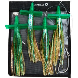 OCEAN CAT Green Color Daisy Chain Bird Head Teaser Saltwater Trolling Fishing Lure Bag with Fully Rigged Chuggers for Wahoo Tuna Marlin Mahi Mahi (#042-Green-4 pcs, 9in+9/0)