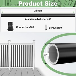 TOCRETOARE 50 Pack 26" Aluminum Deck Balusters, Balusters for Deck Railing, 3/4" Diameter Hollow Round Black Metal Deck Spindles for Deck Railing Stair Porch (50, 26")