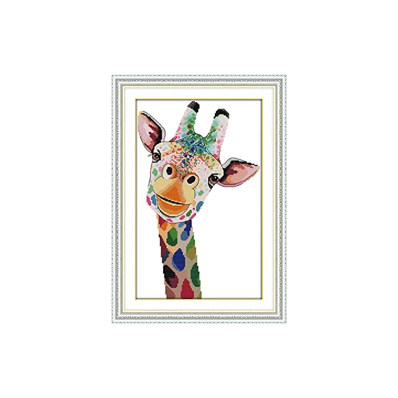 Amiiba Stamped Cross Stitch Kits, Animal Colorful Giraffe DIY 11CT