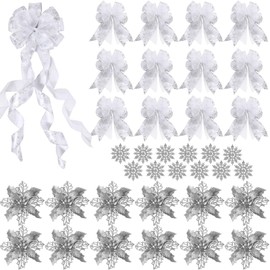 Zeyune 37 Pcs Christmas Tree Decoration Set Include Large Bow Christmas Tree Topper 12 Bow Christmas Ornaments 12 Christmas Glitter Poinsettia Flowers 12 Xmas Snowflakes for Holiday Party(White)