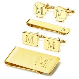 JOERICA Gold Initial Cufflinks for Men and Tie Clip Set for Men Alphabet Letter Wallet Tie Clips and Cuff Link with Gift Box For Father Husband
