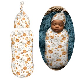 Muishi Pumpkins and Anise Stars Newborn Swaddle Blankets Hat Sets Soft Baby Receiving Blanket Swaddle Sack for Baby Shower Infant Boy Girl Gift