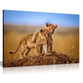 Panther Print Fine Art Prints Lions Friendship Hug African Safari Artistic Framed Canvas Print, Pictures for Home Walls, Bedroom, Living Room & Bathroom Decor 76x51cm (30x20in)