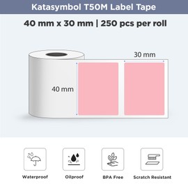 SUPVAN T50M Series Label Maker Tape, 1.57'' × 1.18'' (40mm × 30mm) 250 Labels/Roll Genuine Laminated Thermal Label Tape Refill, Waterproof Oilproof Adhesive Auto Detect Labels, Black on Pink