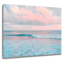LB Pink Ocean Cloud Wall Art Teal Blue Sea and Pink Sky Canvas Wall Art Modern Nature Landscape Framed Wall Art for Bathroom Living Room Bedroom Home Decor Ready to Hanging 16x12 Inch