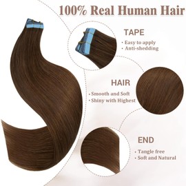 Lveyan Tape in Hair Extensions Human Hair 12 Inch Brown 20pcs 40g/pack Tape in Straight Seamless Skin Weft Remy Tape in Hair Extensions for Women（#4, 12Inch）