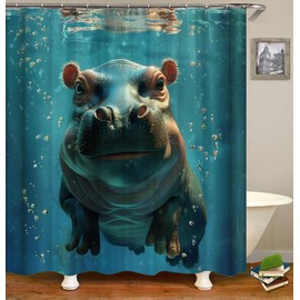 HUAZIYU Cute Little Hippo Blue Ocean Swimming, Funny Animal Poster Manatee, Modern Shower Curtain Sets for Bathroom Fabric Washable Digital Printing Decor with 12 Hooks, 72 x 72 in
