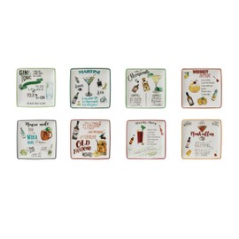 Creative Co-Op Stoneware Plate Set with Cocktail Recipes Design Styles, Multicolor, Set of 8