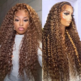 LEFGODY 13x4 Highlight Ombre Deep Wave Lace Front Wigs Human Hair Honey Blonde Curly Human Hair Wig HD Transparent Frontal Wigs for Women 180 Density P4/27 Pre Plucked with Baby Hair 22 Inch