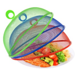 Metal Mesh Screen Food Cover Tent Umbrella, 10.75 inch, Reusable Outdoor Picnic Food Covers Mesh, Food Cover Net Keep Out Flies, Bugs, Mosquitoes (3 Pack, Green Blue Red)