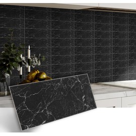 AMAZING WALL Home Kitchen Backsplash Tile Black Marble with Brushed Silver Layer Peel and Stick Waterproof Bathroom Countertop Self Adhesive Decoration Mural Wall Sticker 5.91x11.8"/pcs 6PCS