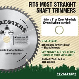 FORESTER Carbide Tip Brush Cutter Blade - 9in x 60 Teeth | Fits Most Straight Shaft Trimmers | Conversion Kit Sold Separately