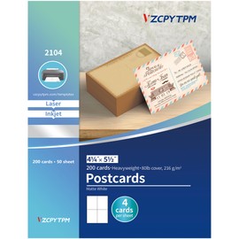 VZCPYTPM Printable Postcards 4.25" x 5.5",200 Blank Post Cards for Mailing,Invitations,Announcements,for Inkjet & Laser Printers,Perforated Cardstock for Custom Designs