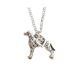 Dalmatian Charm Necklace, Spotted Dalmation Pet Lover Gift, Silver Metal with Heart Pendant on a Chain, Ladies I Love Fire Station Dog