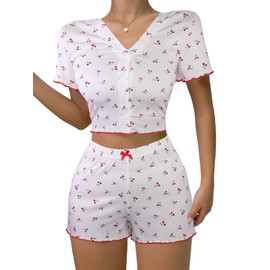 Hilinker Womens Cherry Pajama Set Ribbed V Neck Short Sleeves Tops and Shorts Summer Cute Pjs White Cherry Large