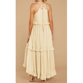 R.Vivimos Womens Summer Dress Cotton Sleeveless Halter Layered Ruffles Casual Boho Flowy Maxi Dress (Small, Beige)