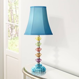 Bohemian Traditional Chic Style Accent Table Lamp Multi Colored Stacked Glass Teal Blue Orchid Bell Shade Decor for Kids Girls Living Room Bedroom Bedside House Nightstand Home - 360 Lighting