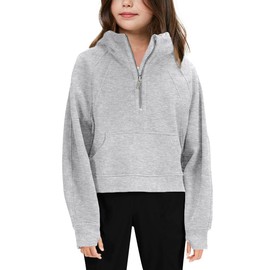 Girls' Hoodies Sweatshirts Half Zipper Pullover Crop Tops for Teen Girls Long Sleeve Sweater Thumb Hole Grey
