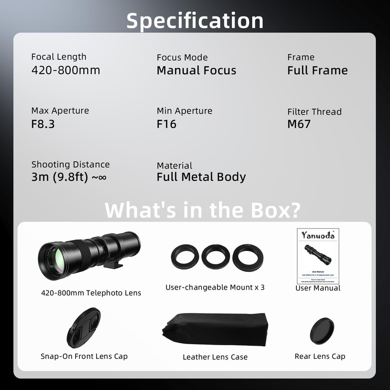 Yanuoda 420-800mm Super Telephoto Manual Lens F/8.3-16