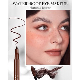 Brown Waterproof Mascara & Eyeliner Set, 5D Silk Fiber Liquid Lash Extensions Colored Tubing Mascara Volume and Length, Long Lasting, Smudge-Proof Curling Non-Clumping Mascara & Eyeliner Pen for Women