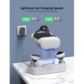 NexiGo Enhanced Charging Dock with LED Light [On/Off] for Oculus Quest 2, [Support Elite Strap with Battery], Headset Display Holder and Controller Mount, 2 Rechargeable Batteries, USB-C Charger