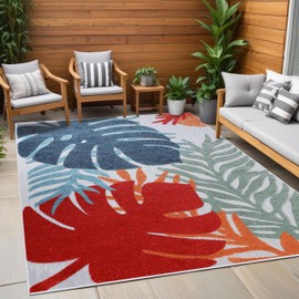 Superior Waikiki Indoor Outdoor Area Rug, Perfect for Patio, Poolside, Backyard, Playroom, Kitchen, Bedroom, Dining Room, Entryway, Mudroom, Tropical Leaves Floor Cover, 4' x 6', Multicolor