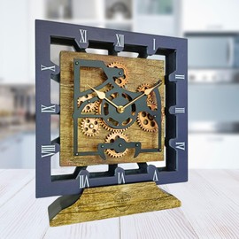 THE GEARS CLOCK Desk Clock 10 Inches with Real Moving Gear Square Convertible Into Wall Clock (Gold Antique)